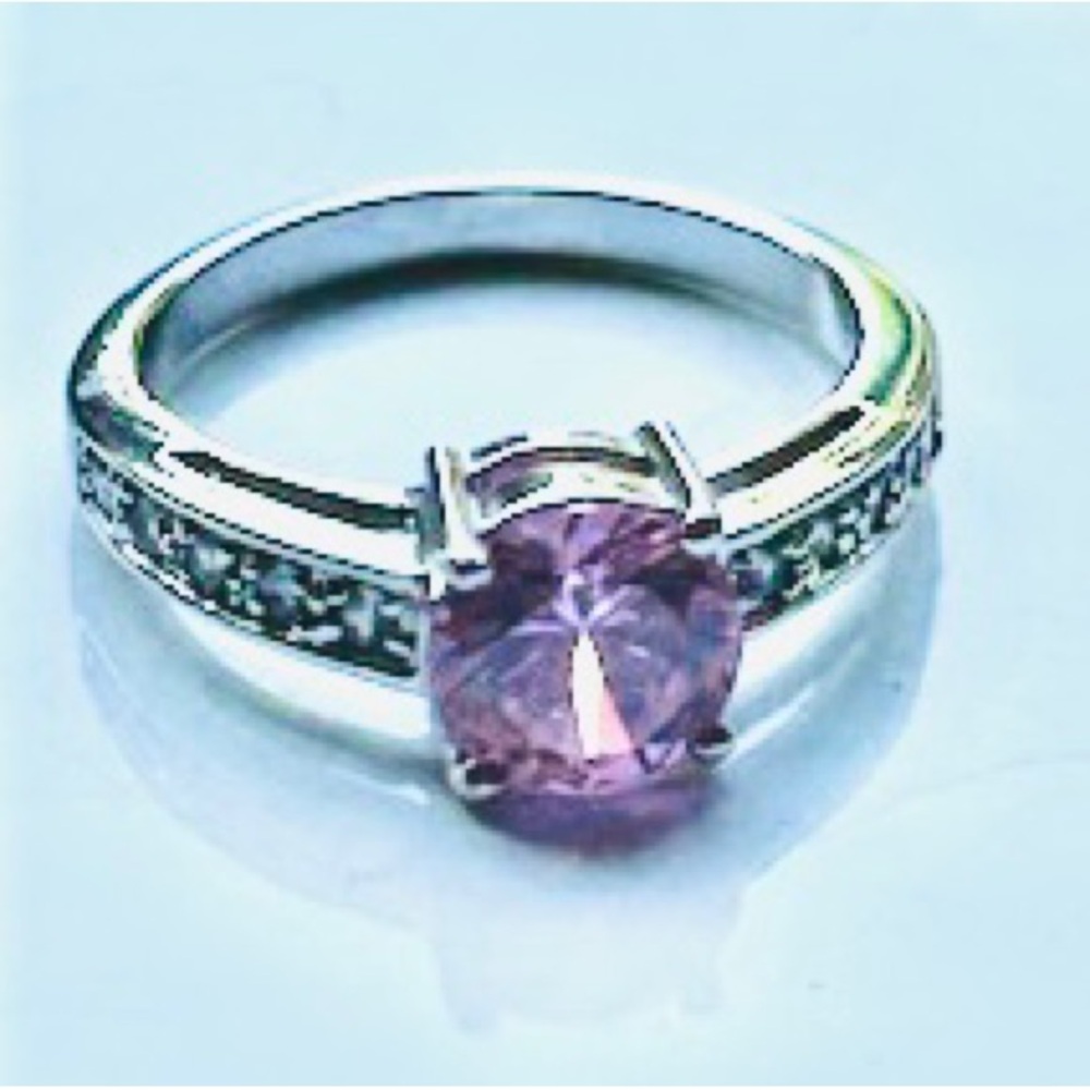 Pink CZ Solitaire Ring w/Silver Band, Dainty (Promise/Bridal/Engagement), 6 3/4